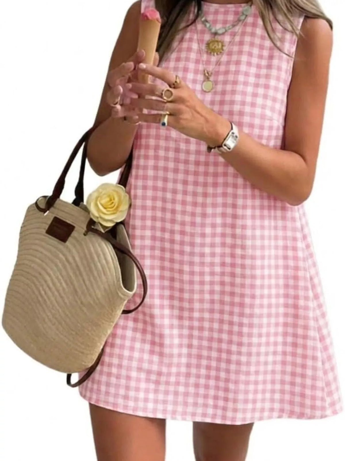 Pink and white gingham sleeveless A-line mini dress with flared skirt
