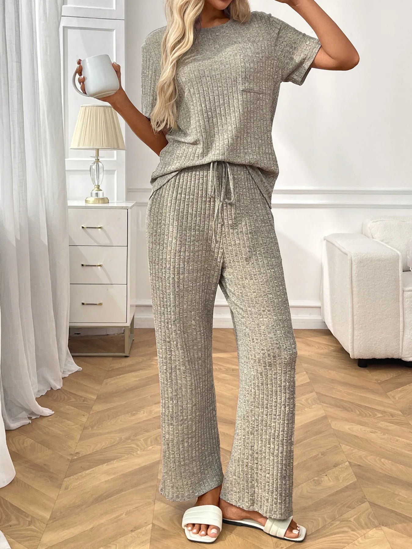 Ribbed knit lounge set with short-sleeve top and wide-leg pants, heather gray, front view