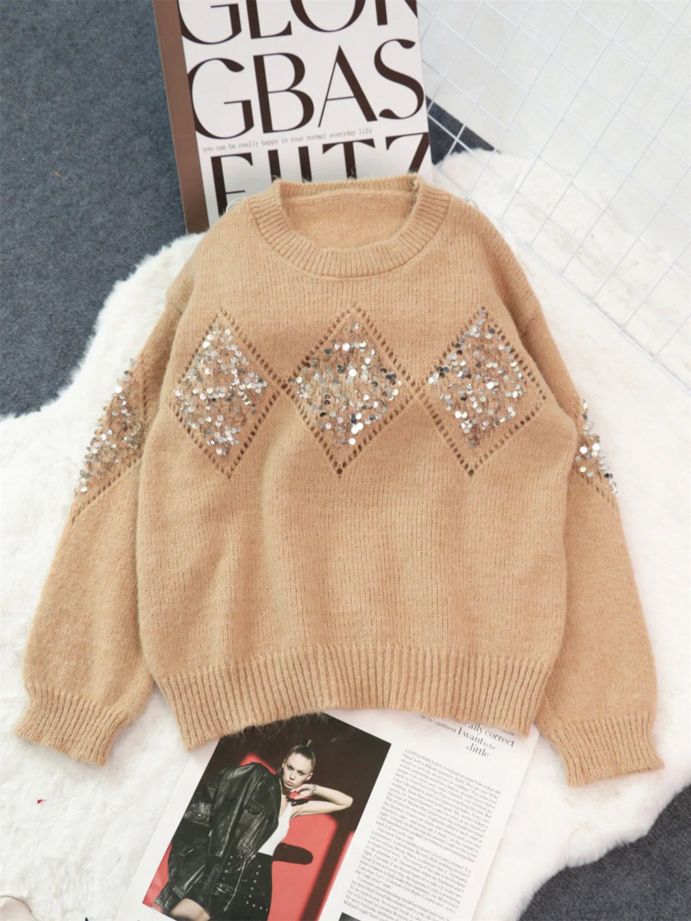 Khaki oversized sweater with sequin diamond pattern on the front