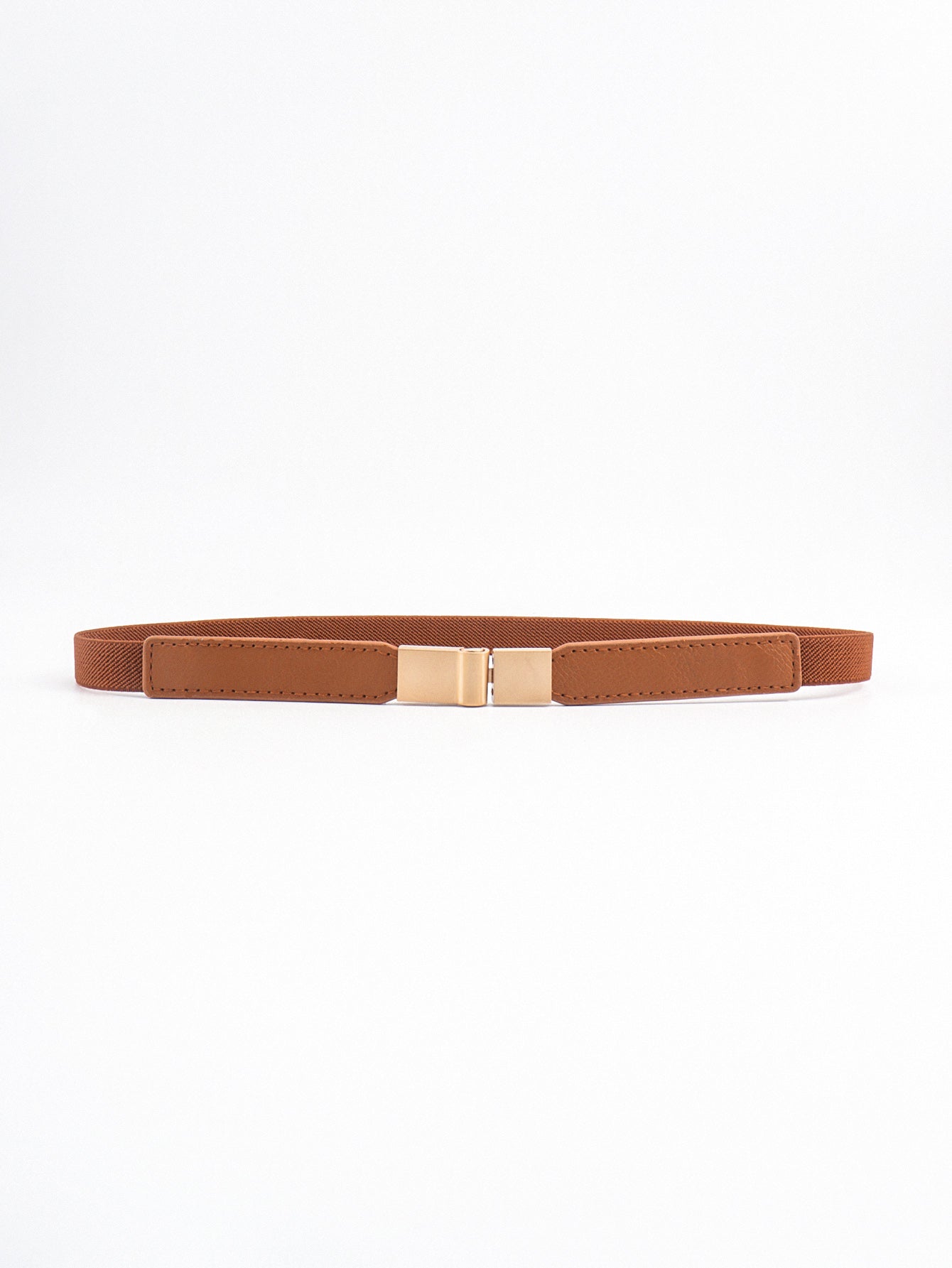 Elastic skinny belt in caramel brown with gold-tone metal buckle hardware