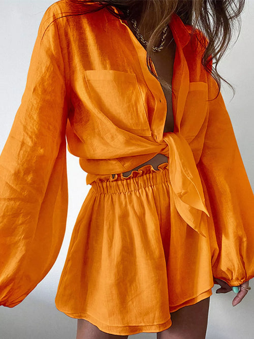 Tangerine button-up long sleeve shirt with matching high-waist shorts set