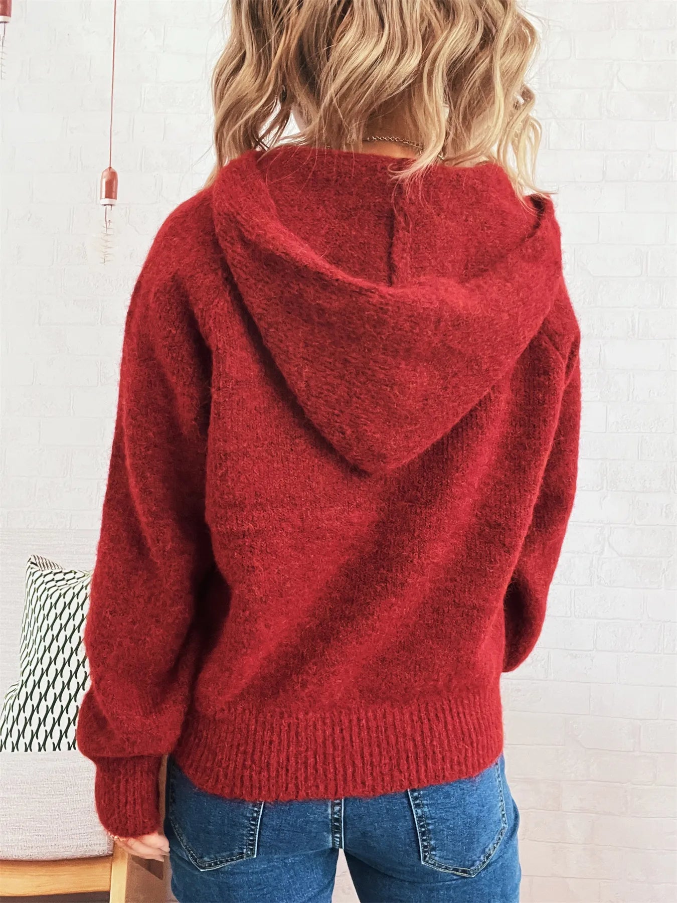 Burgundy quarter-zip knit sweater, back view with ribbed hem and sleeves