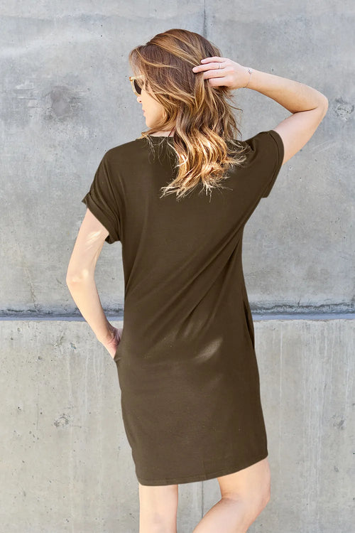 Dark short-sleeve round-neck dress, back view with straight above-knee hem