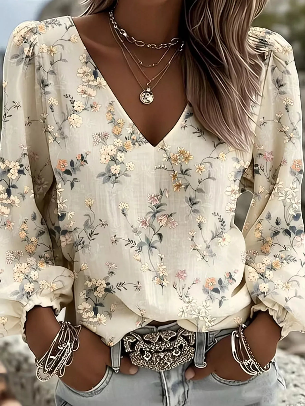 Cream floral v-neck blouse with loose long sleeves and gathered cuffs