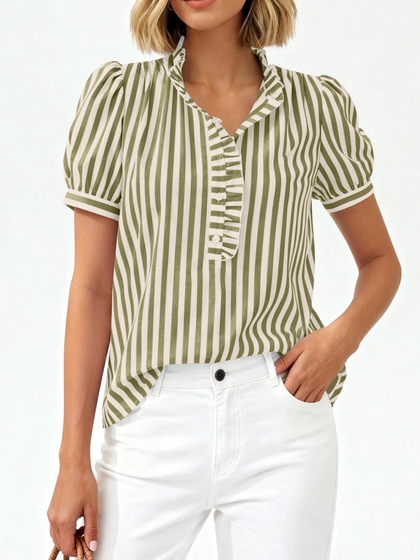 Frill Striped Puff Sleeve Blouse by Trendsi, green and white stripes, buttoned with a ruffled placket
