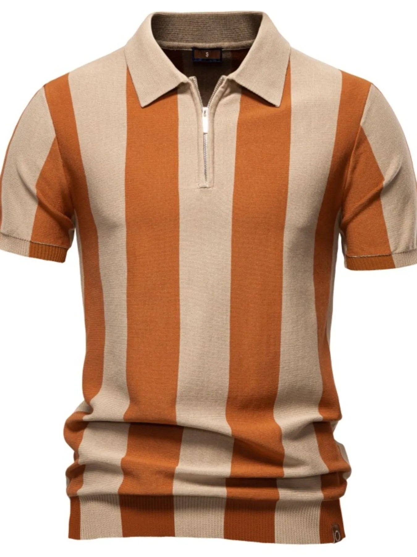 Striped zip-collar polo shirt with terracotta-and-beige vertical stripes, front view, ribbed hem
