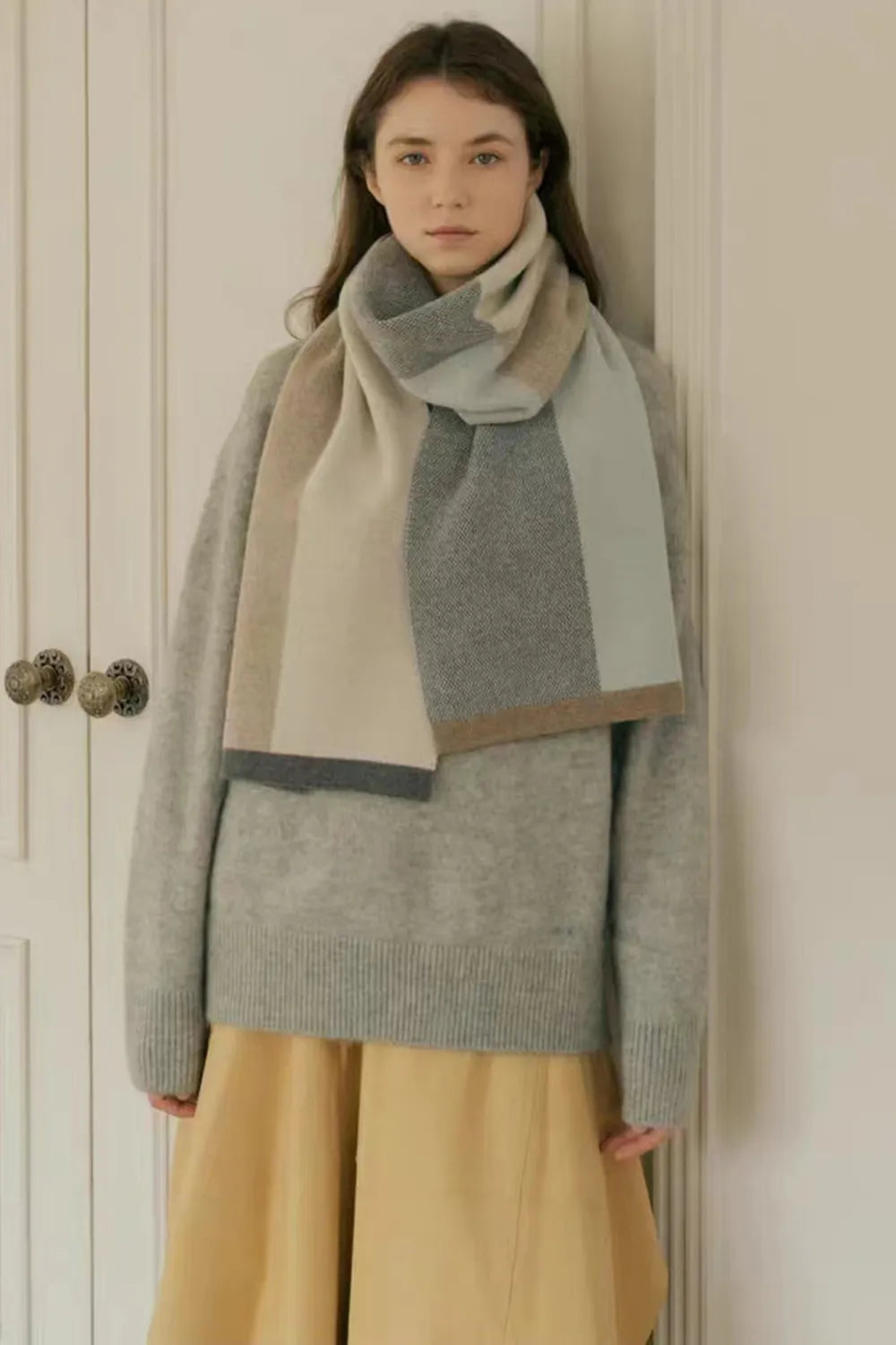 Contrast acrylic scarf in taupe and sage with dark border stripe, knitted look