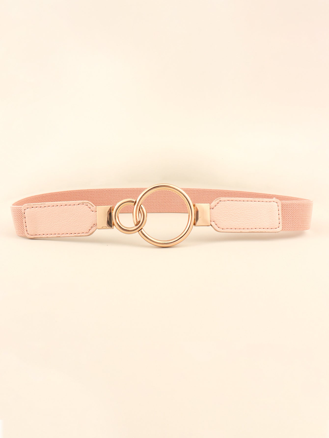 Light pink elastic vegan leather belt with double ring buckle and padded strap