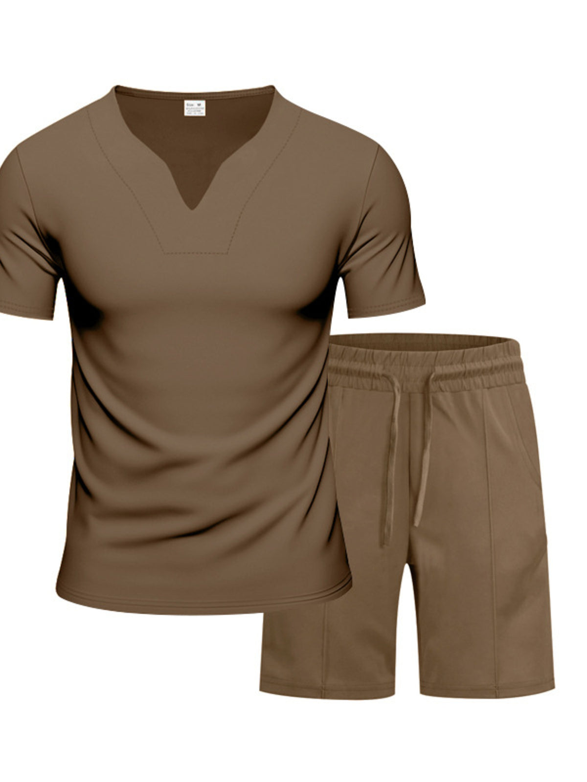 Men's brown V-neck stretch tee with matching shorts set, drape front and elastic waist.