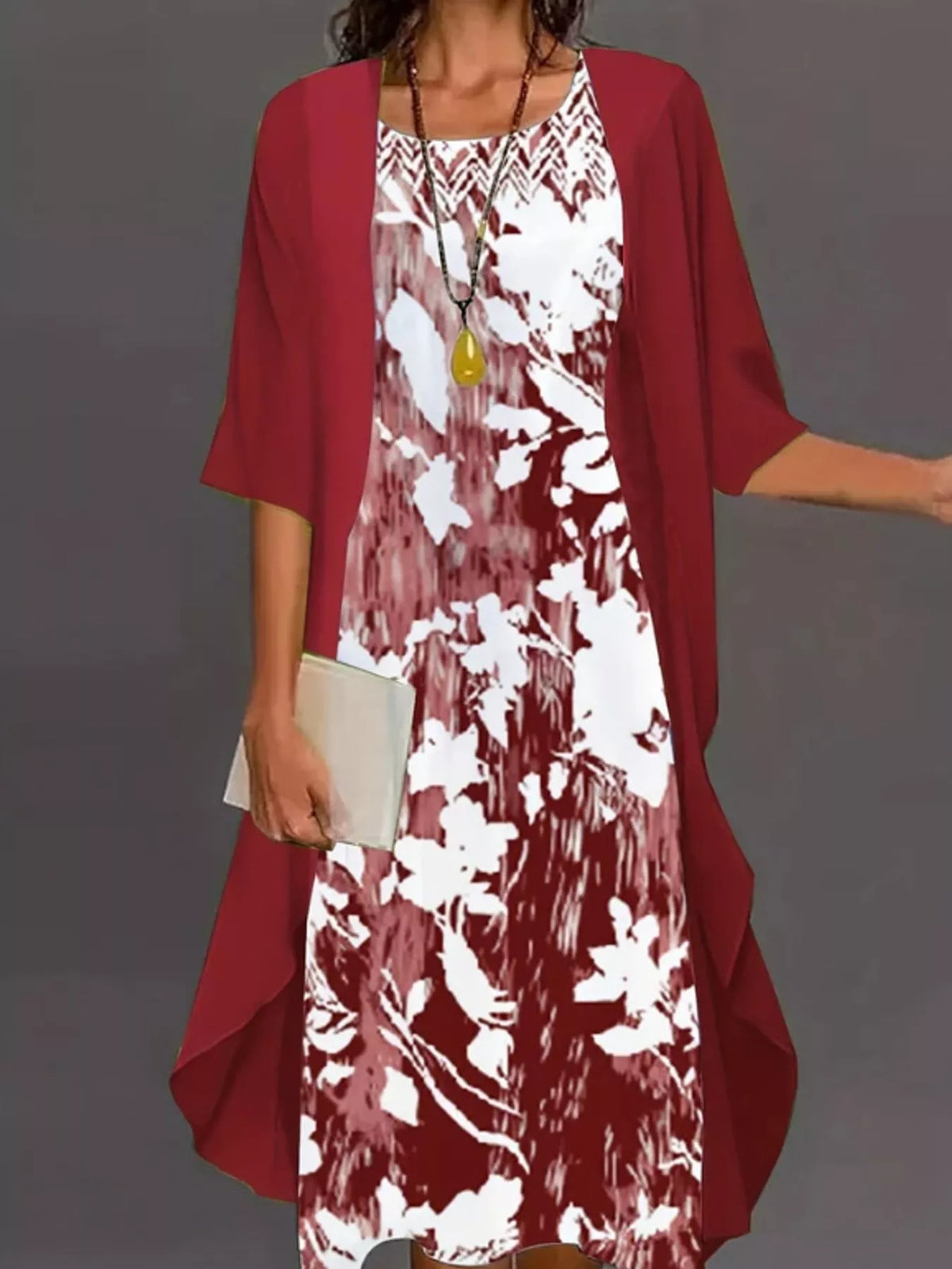 Floral dress and chiffon cardigan set with red drape over burgundy-and-white print