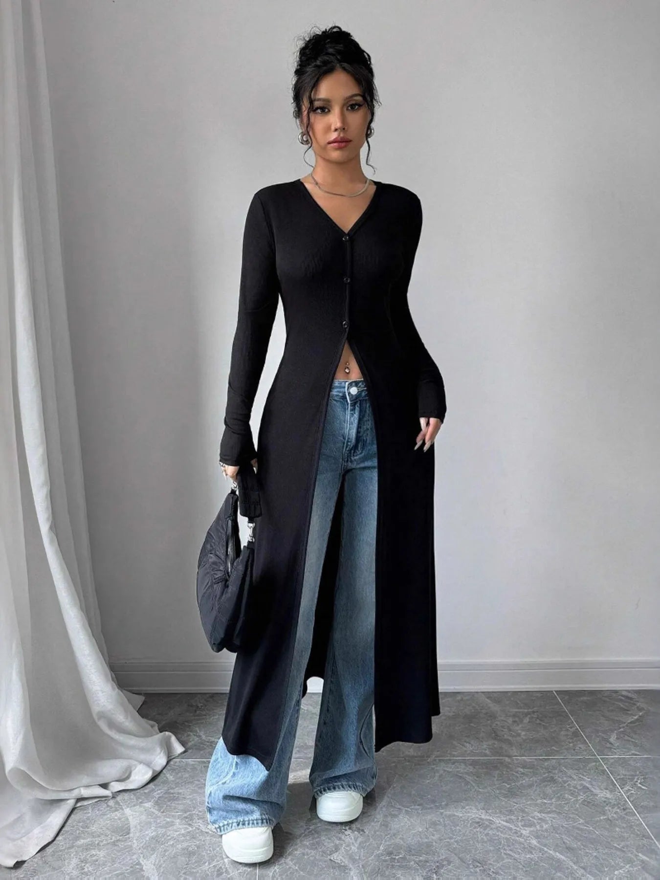 Longline V-neck button-front cardigan in black, long sleeves and front button placket