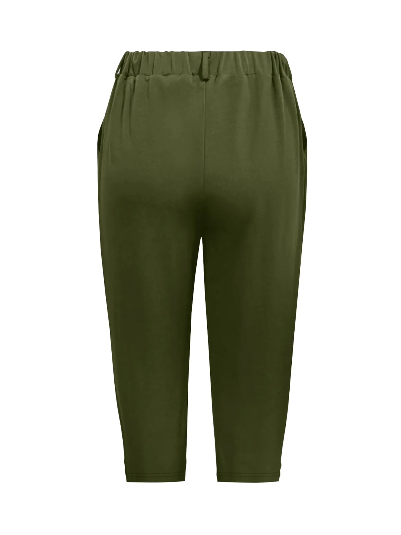 Olive green pleated detail pants with pockets and elastic waist, front view
