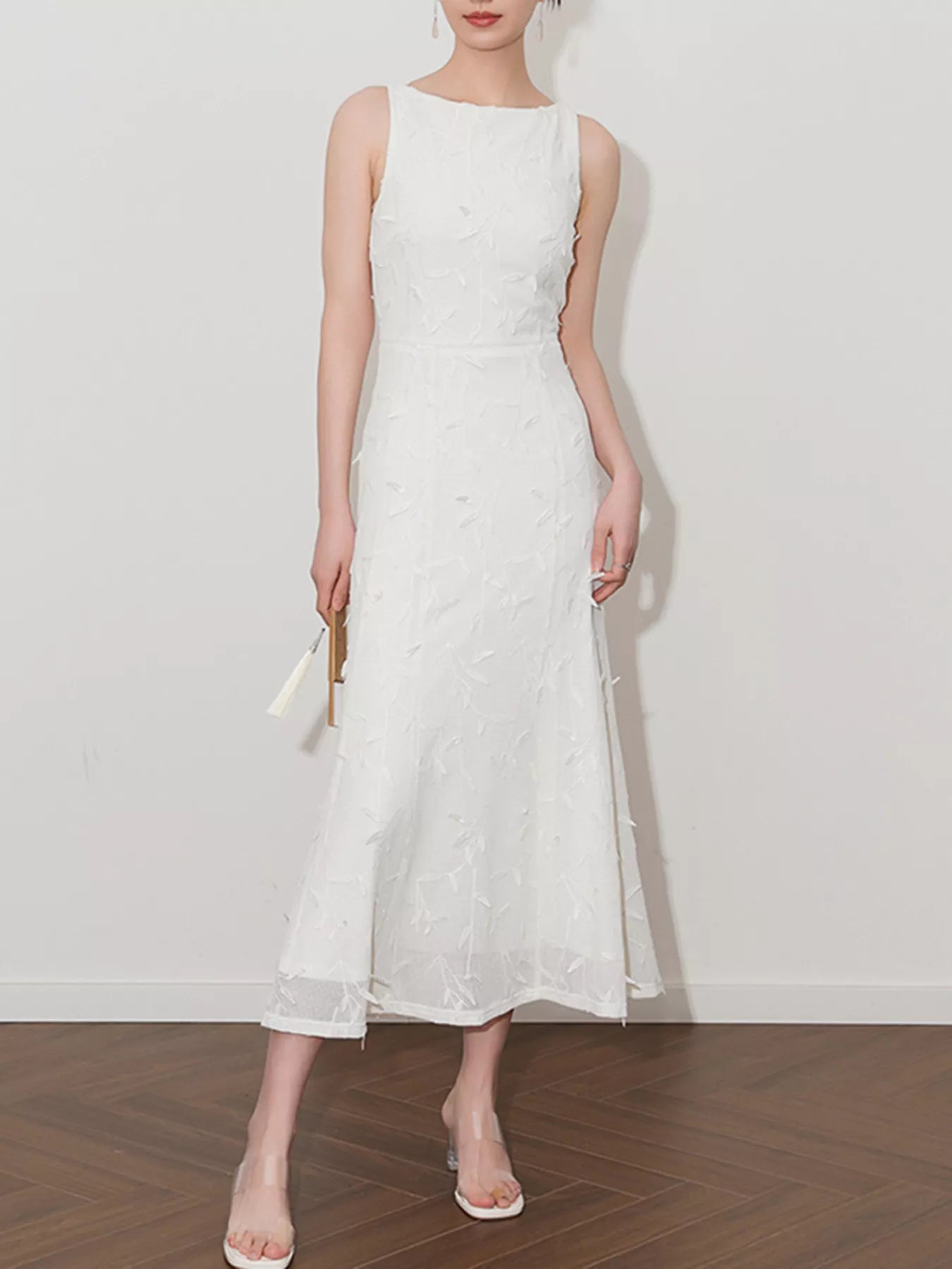 Cedar & Moore Sleeveless Floral Applique Midi Dress in white, no zipper, elegant midi length