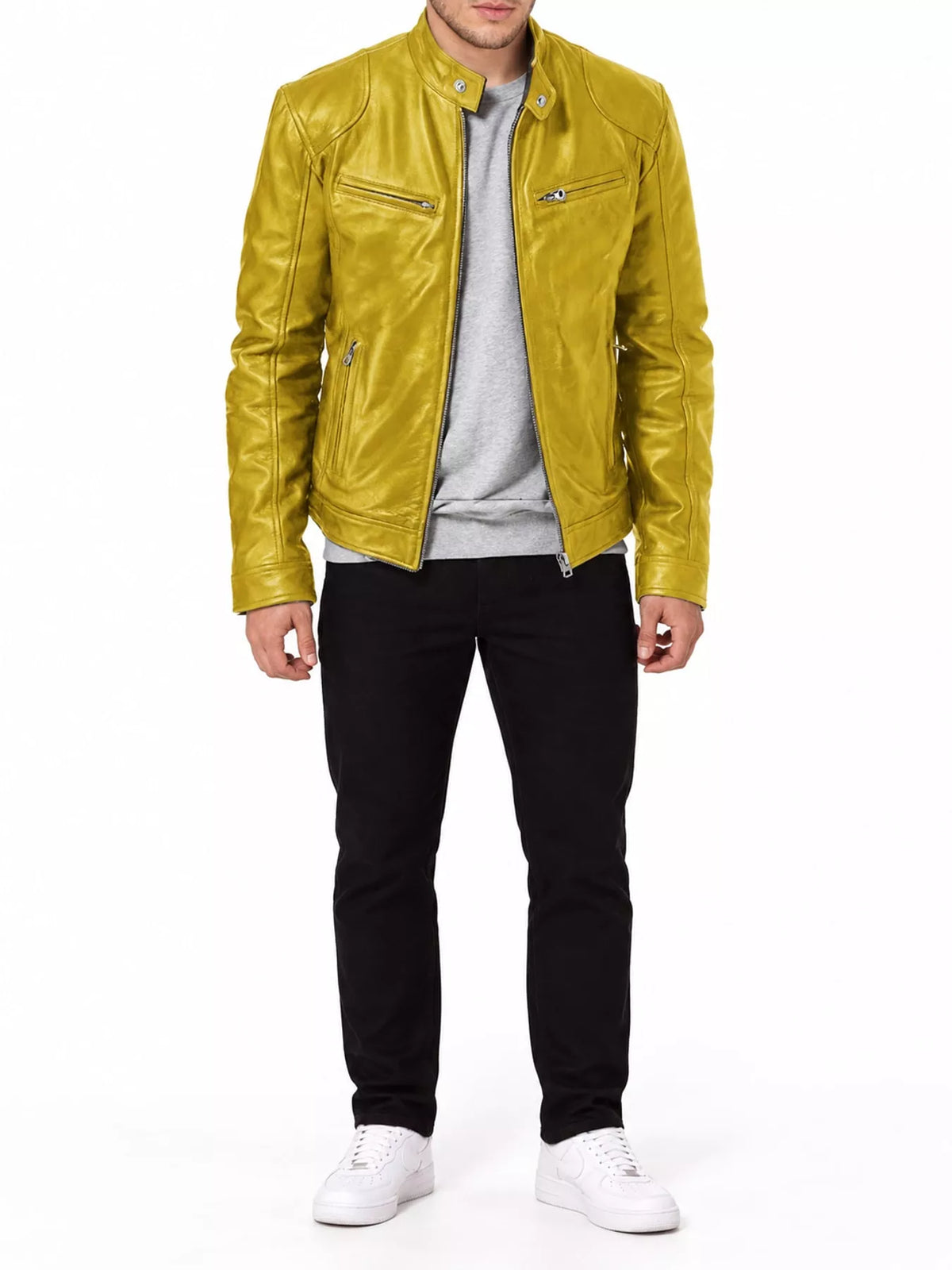 Men's zip-up vegan leather jacket, yellow, stand collar with front zip and chest pockets