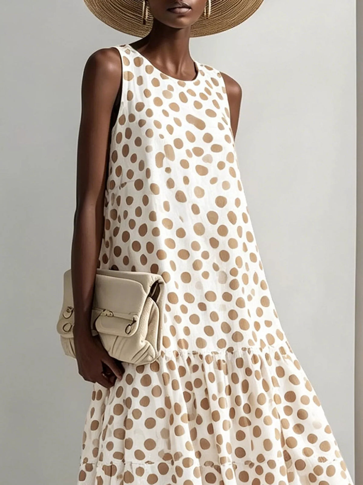 Beige polka dot tiered maxi dress, sleeveless round neckline