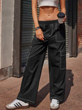 Black wide-leg pants with contrast stitch seams and side cargo pockets