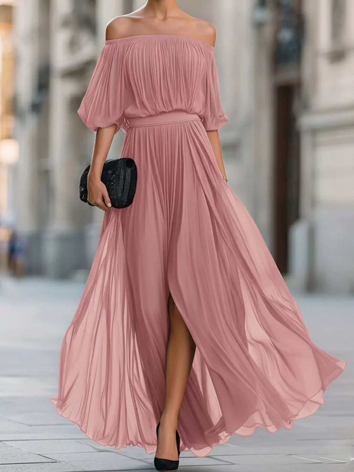Pink off-shoulder ruched chiffon maxi dress, puff sleeves, pleated skirt