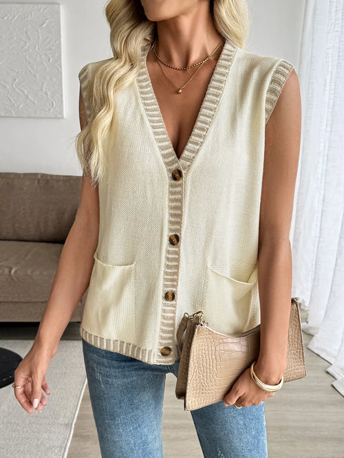 Off-white button-up V-neck sweater vest with front pockets and ribbed trim