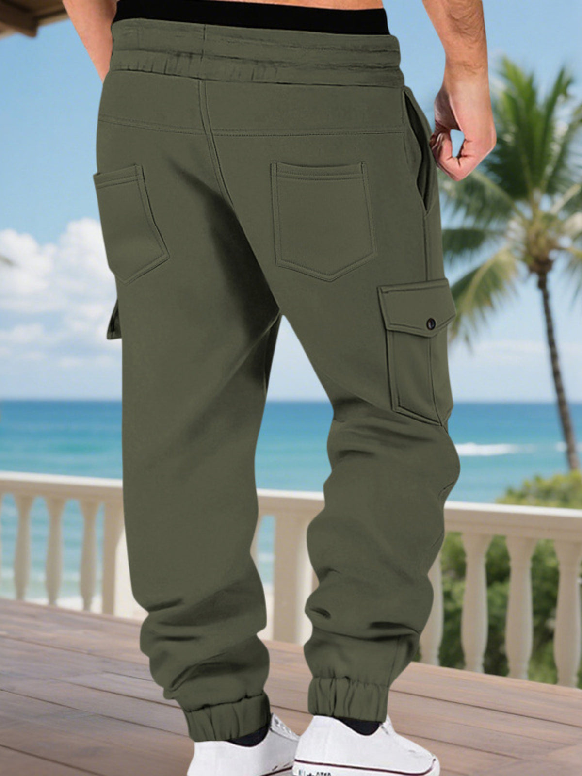 Men's olive green cargo jogger pants with drawstring waist and cargo side pockets