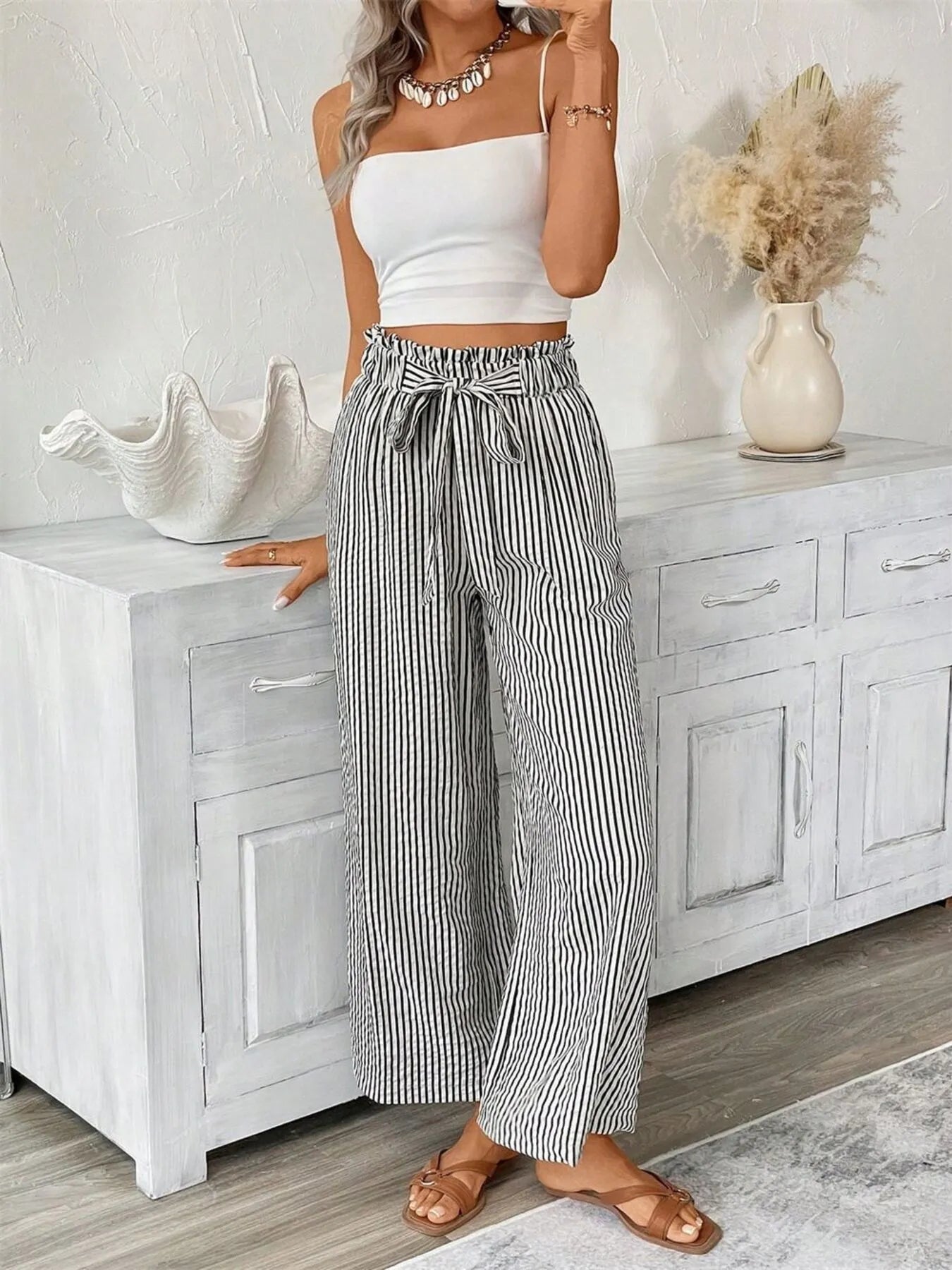 Striped paper bag waist wide-leg pants, black and white pinstripe, gathered top