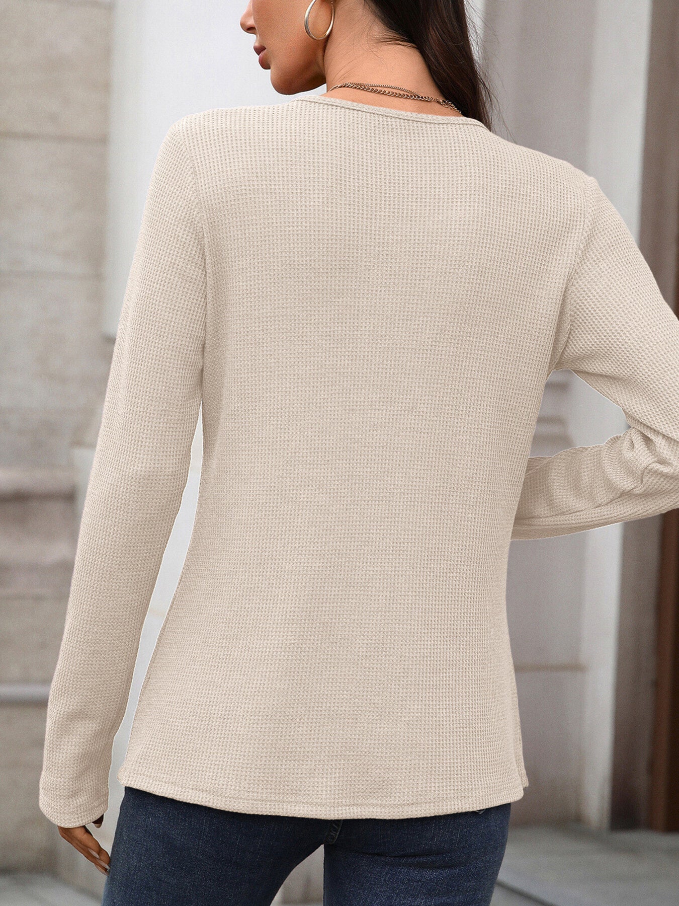 Cedar & Moore Waffle Knit Long Sleeve T-Shirt in beige, textured waffle knit fabric, Trendsi