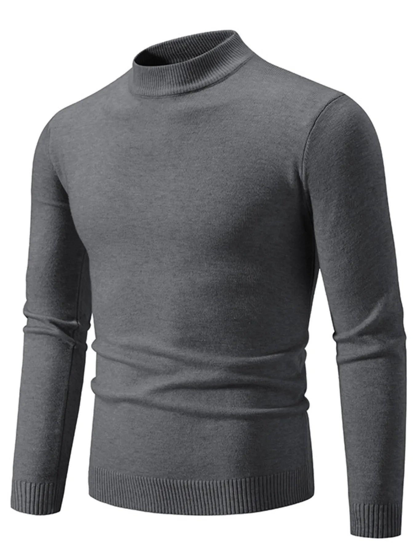 Mock-neck long-sleeve sweater with ribbed hem, dark gray