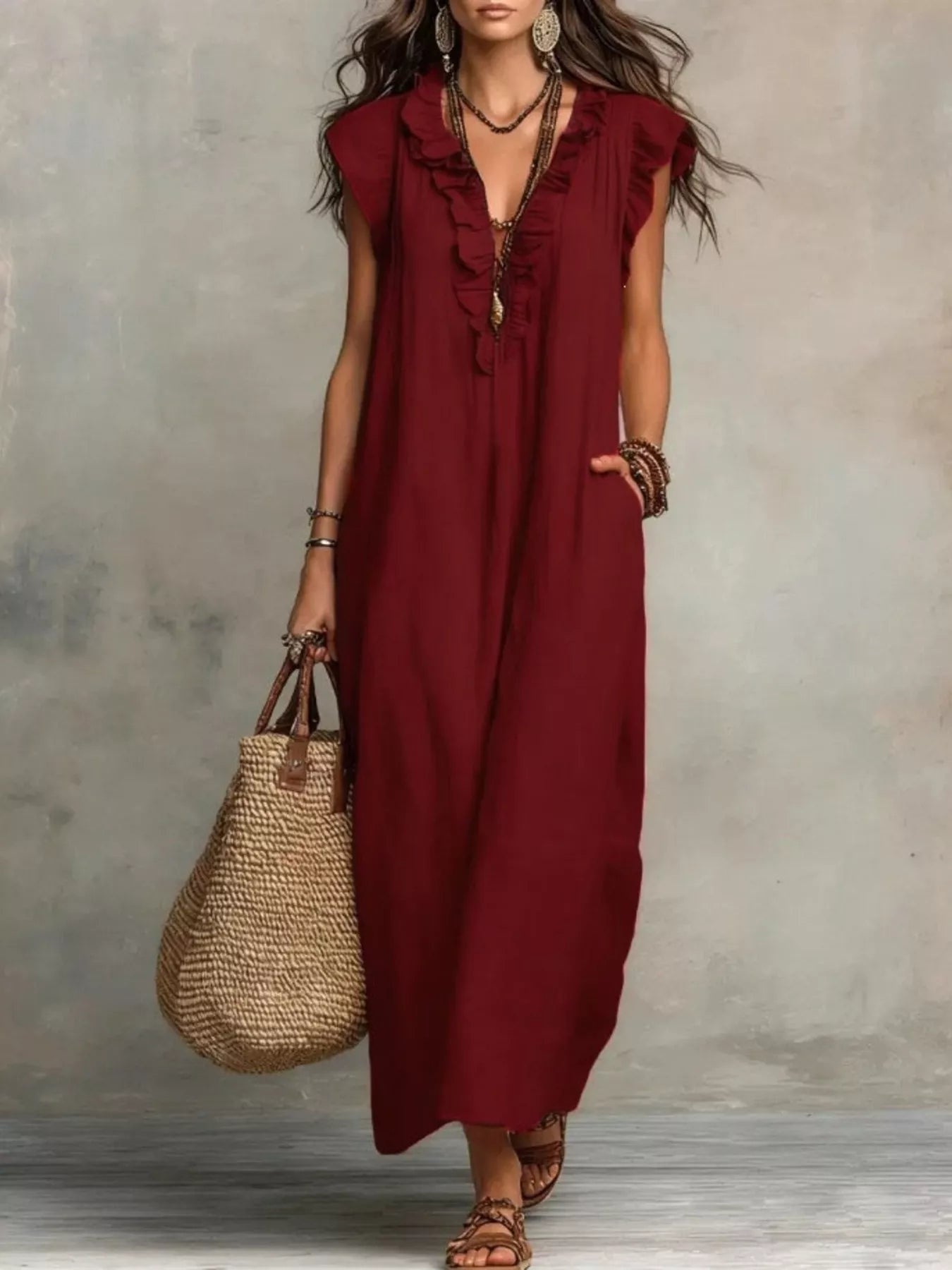 Burgundy ruffled V-neck maxi dress with cap sleeves and front decorative trim