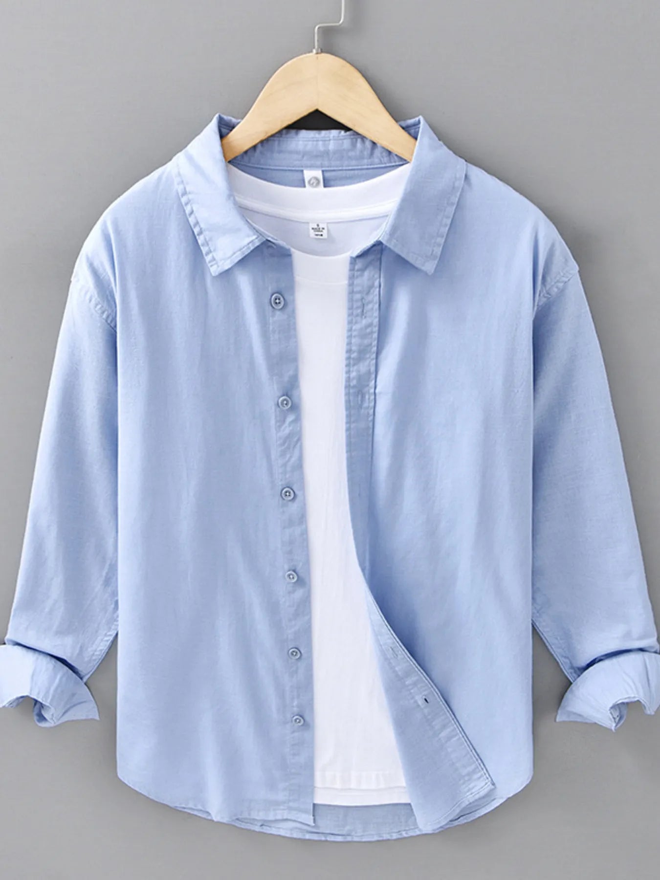 Men's plus size button-up long sleeve shirt, light blue, front view