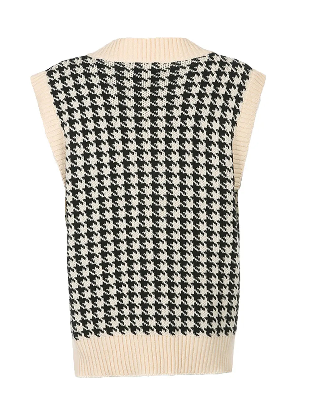 Back view: black-and-cream houndstooth V-neck sweater vest with ribbed hem