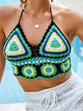 Geometric halter swim top in black with green, blue, and yellow crochet triangles