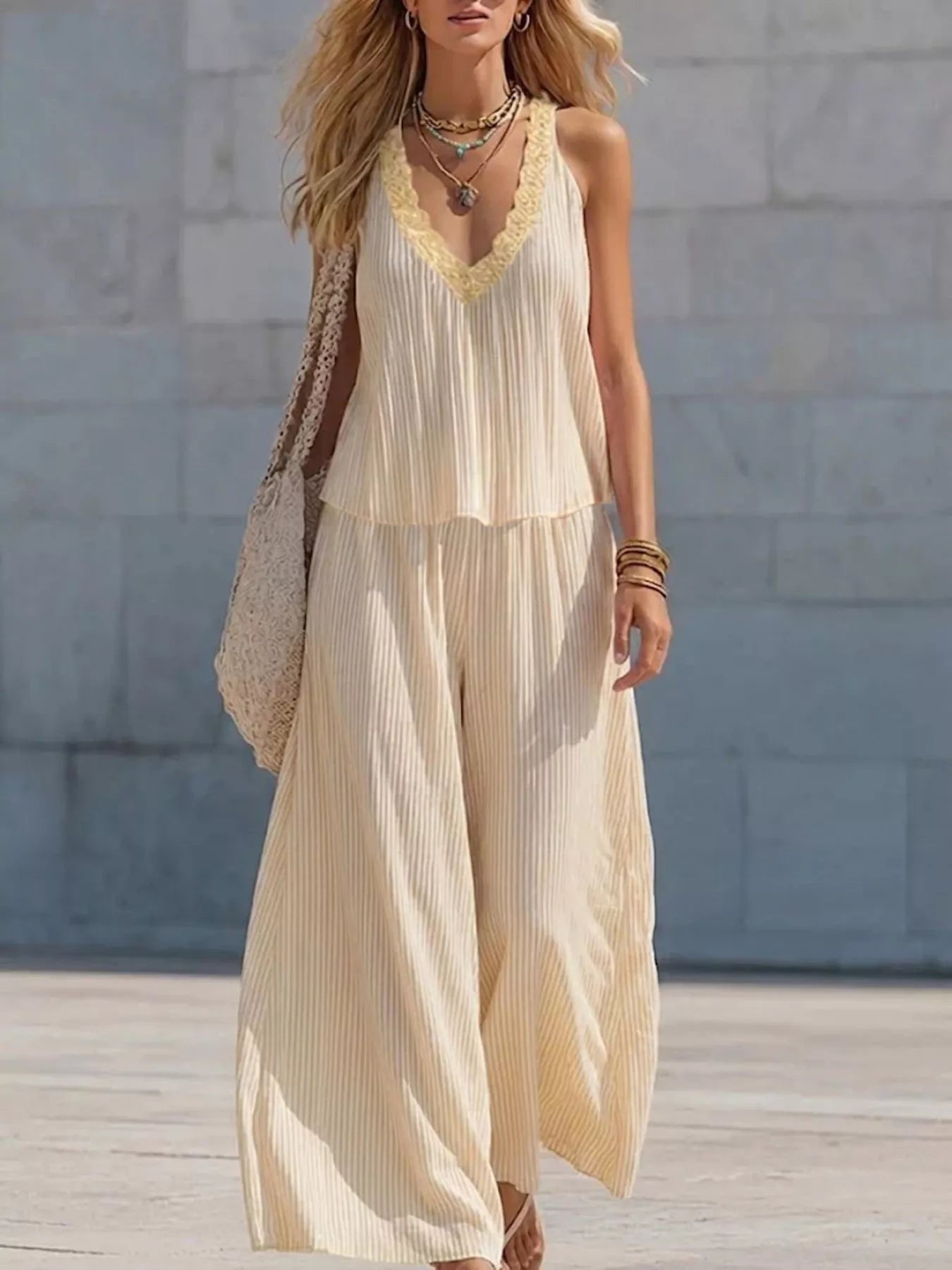 Light yellow striped v-neck tank and wide-leg pants set, tiered sleeveless outfit