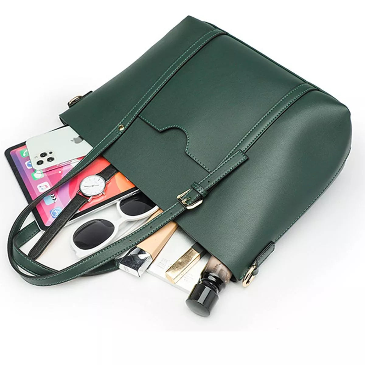 Green medium tote bag with open top showing phone, sunglasses, and small bottles inside