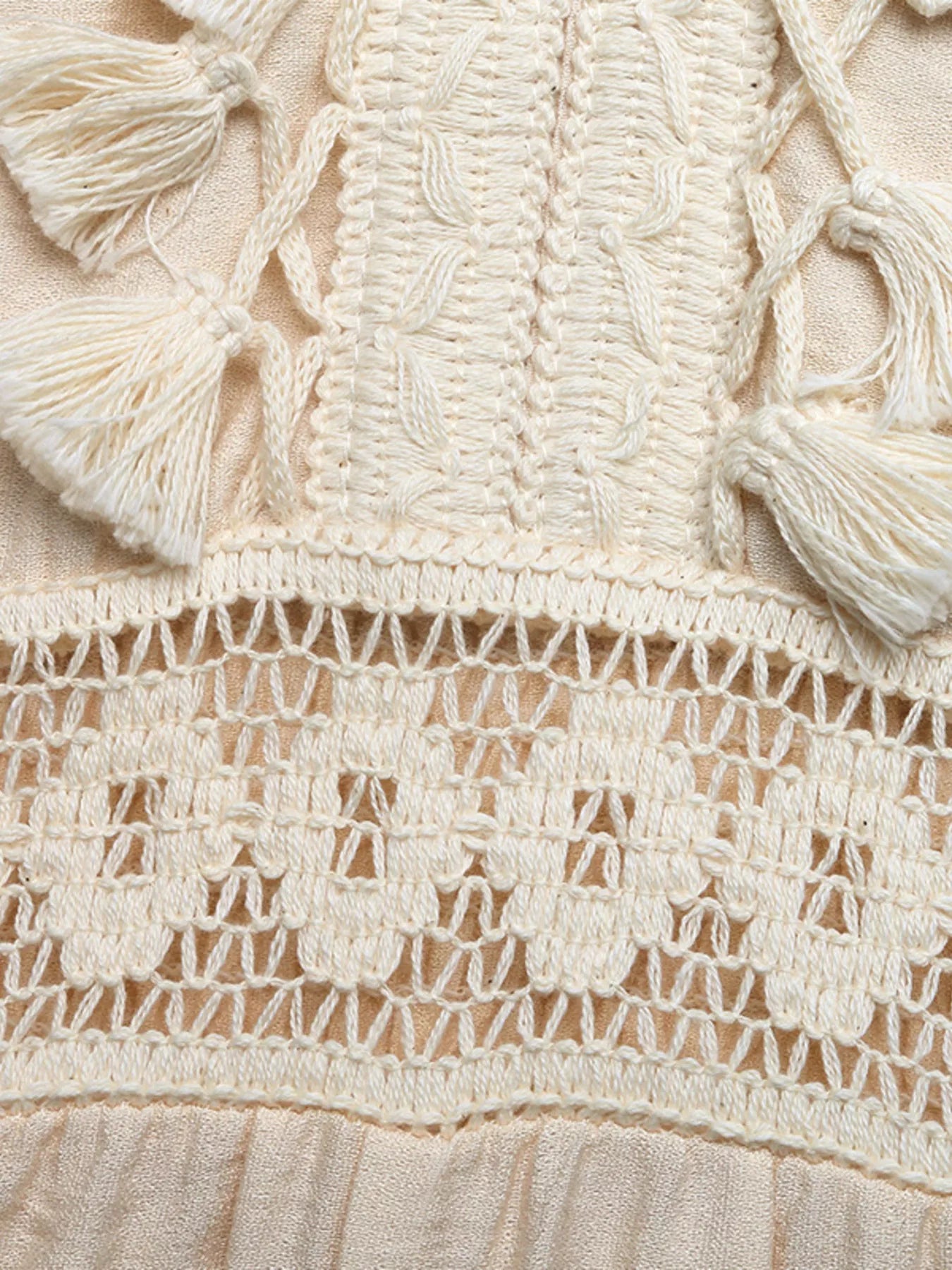 Cedar & Moore Lace Trim Spaghetti Strap Jumpsuit in ivory crochet with tassel fringe