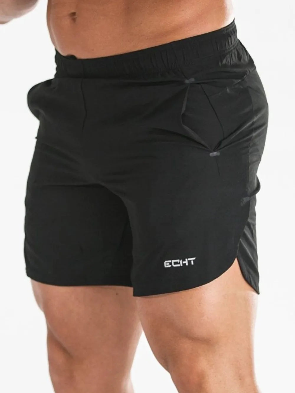 Men's plus-size quick-dry shorts with pockets, black, side view, drawstring front