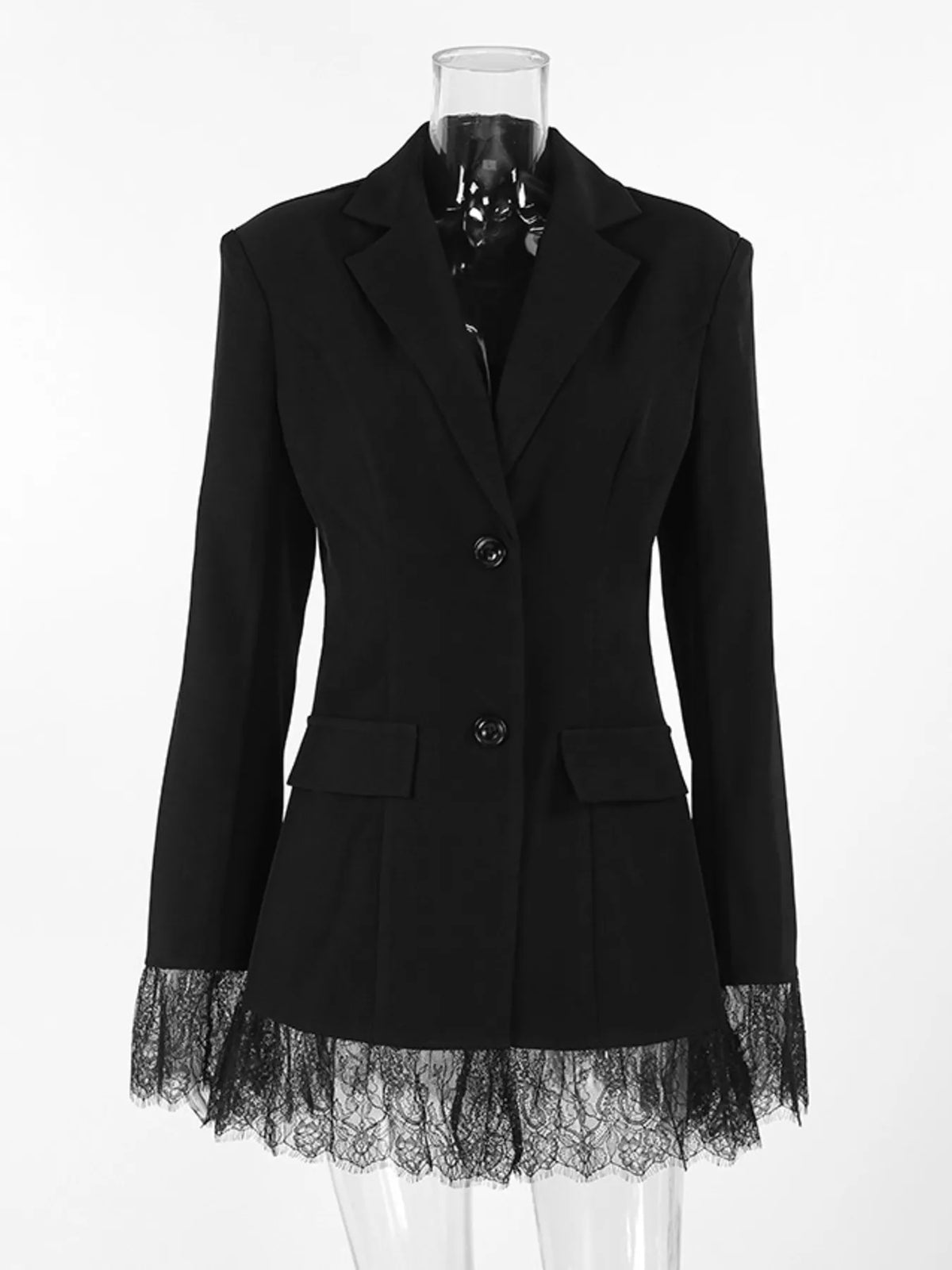 Black blazer on a mannequin with lace-trim hem, notch lapels, and flap pockets.