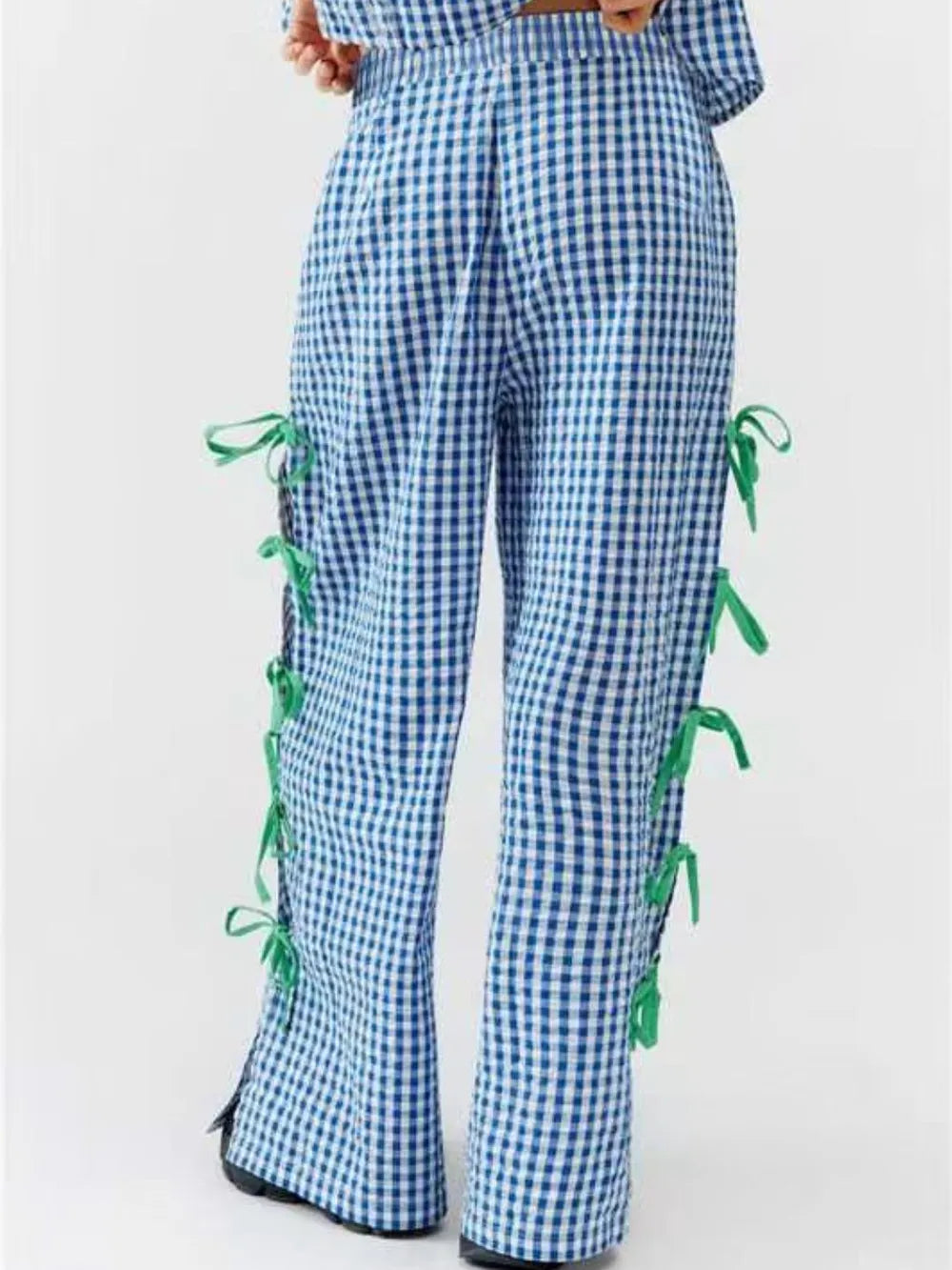 Blue plaid wide-leg pants with green side ties and front slit