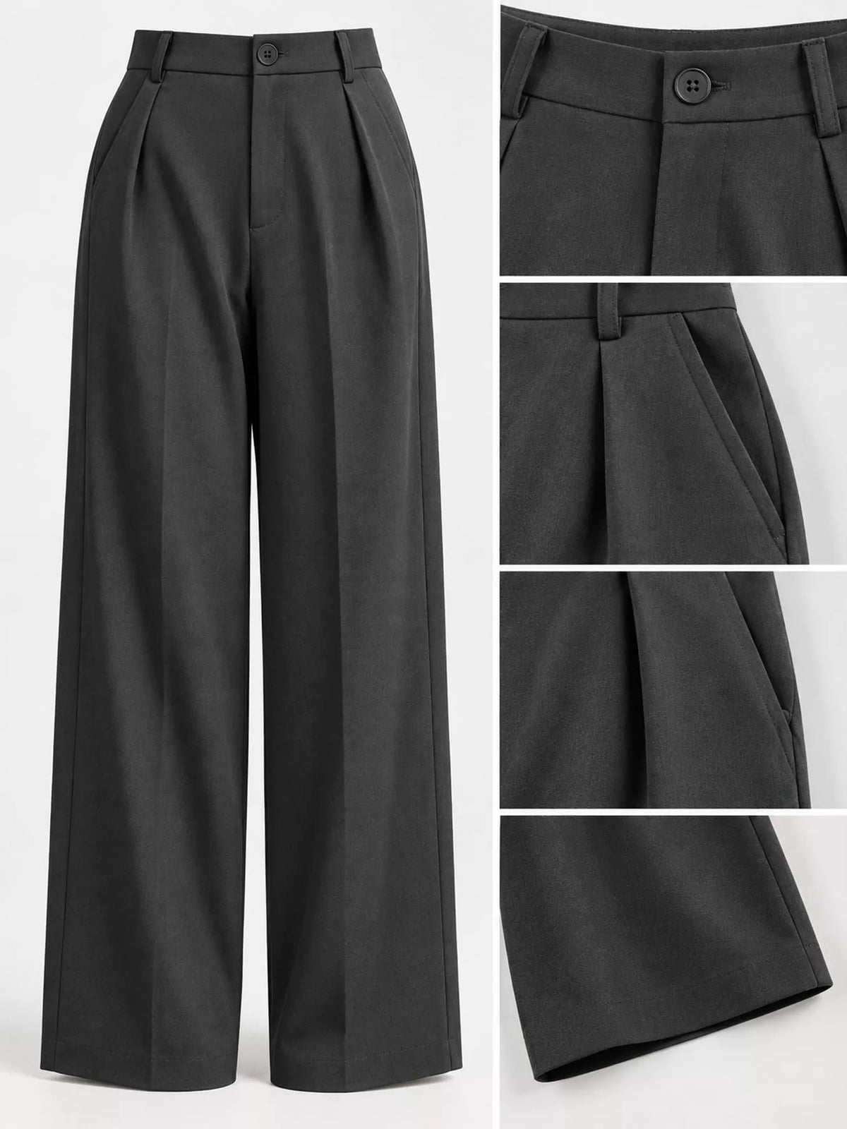 High-waisted pleated wide-leg pants in dark gray, button front and wide cuffs
