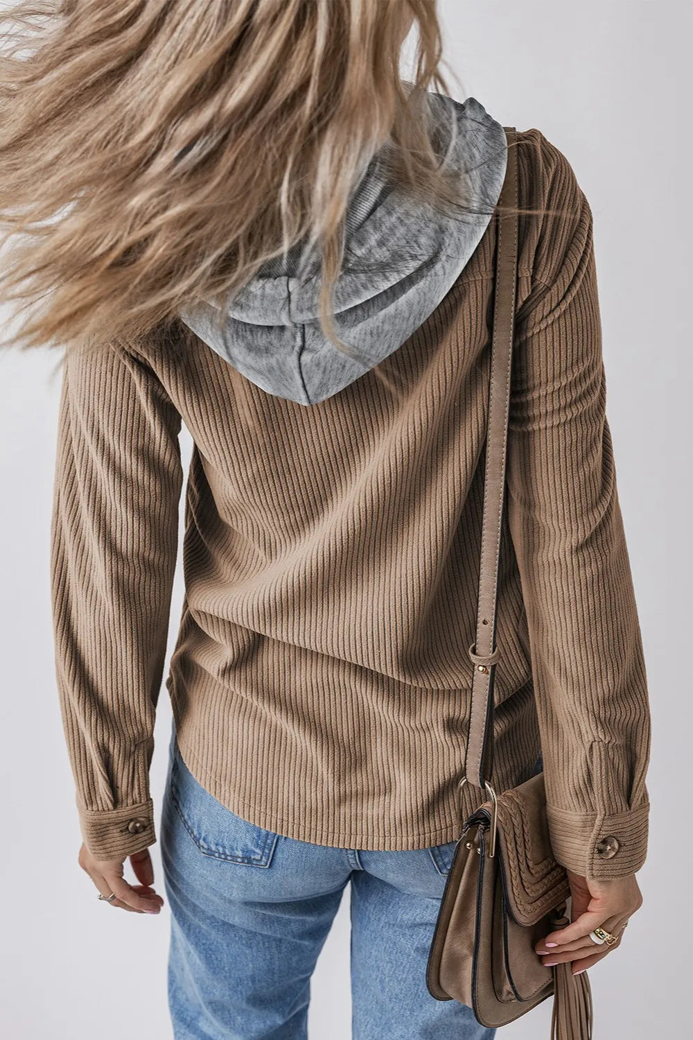 Mocha ribbed hooded jacket with drawstring, long sleeves, chest button placket