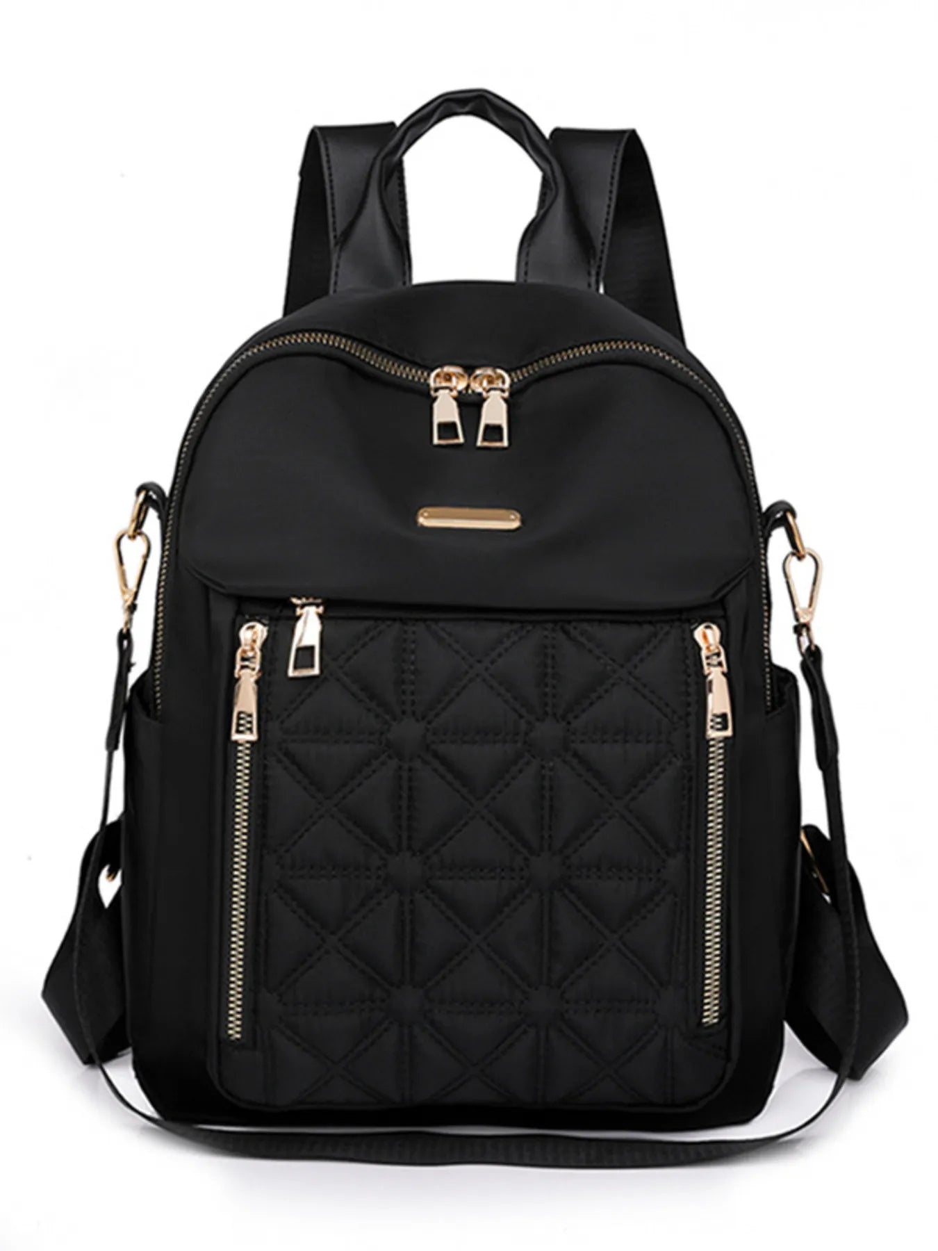 Black quilted oxford backpack with top double-zip, front zip pockets, side handles
