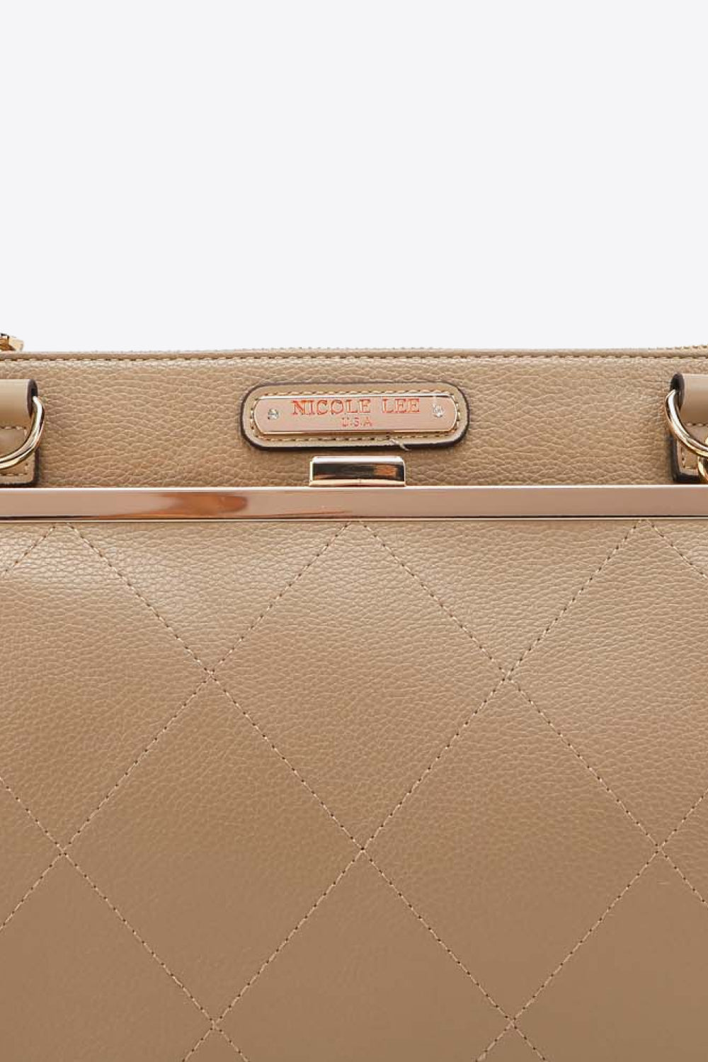 Taupe-beige quilted handbag front with Nicole Lee USA logo plaque