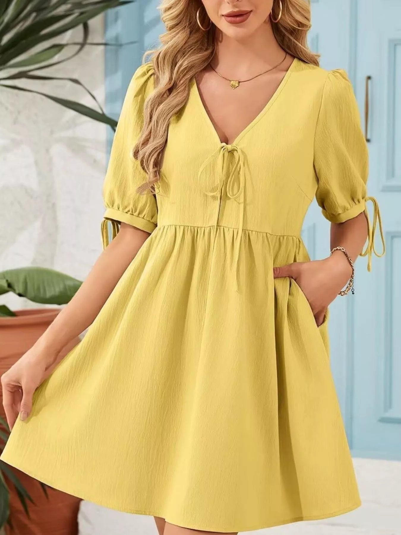 Tie-Neck Puff Sleeve A-Line Mini Dress in yellow by Trendsi