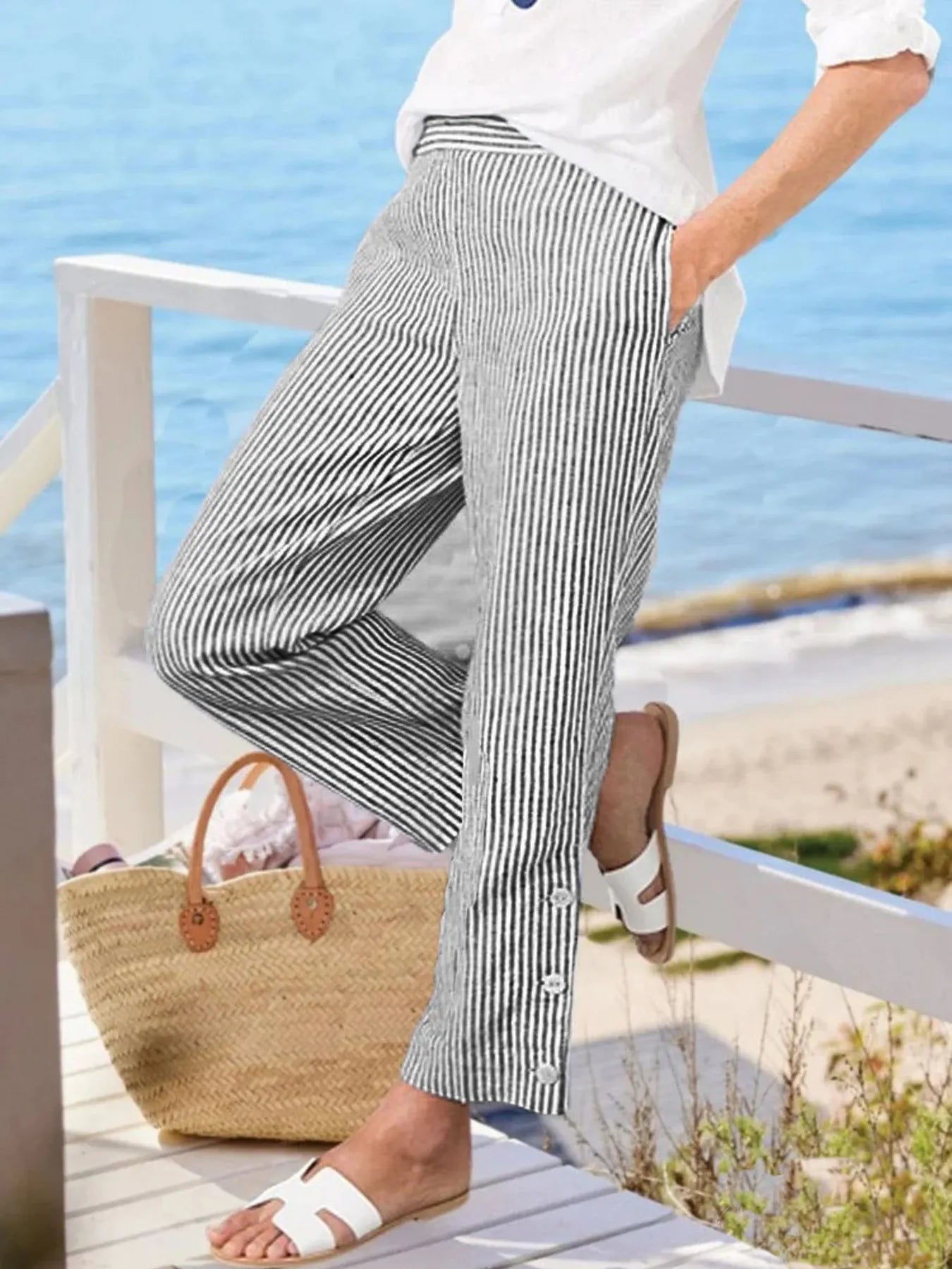 Plus size striped side-button detail pants in light yellow and white with side buttons