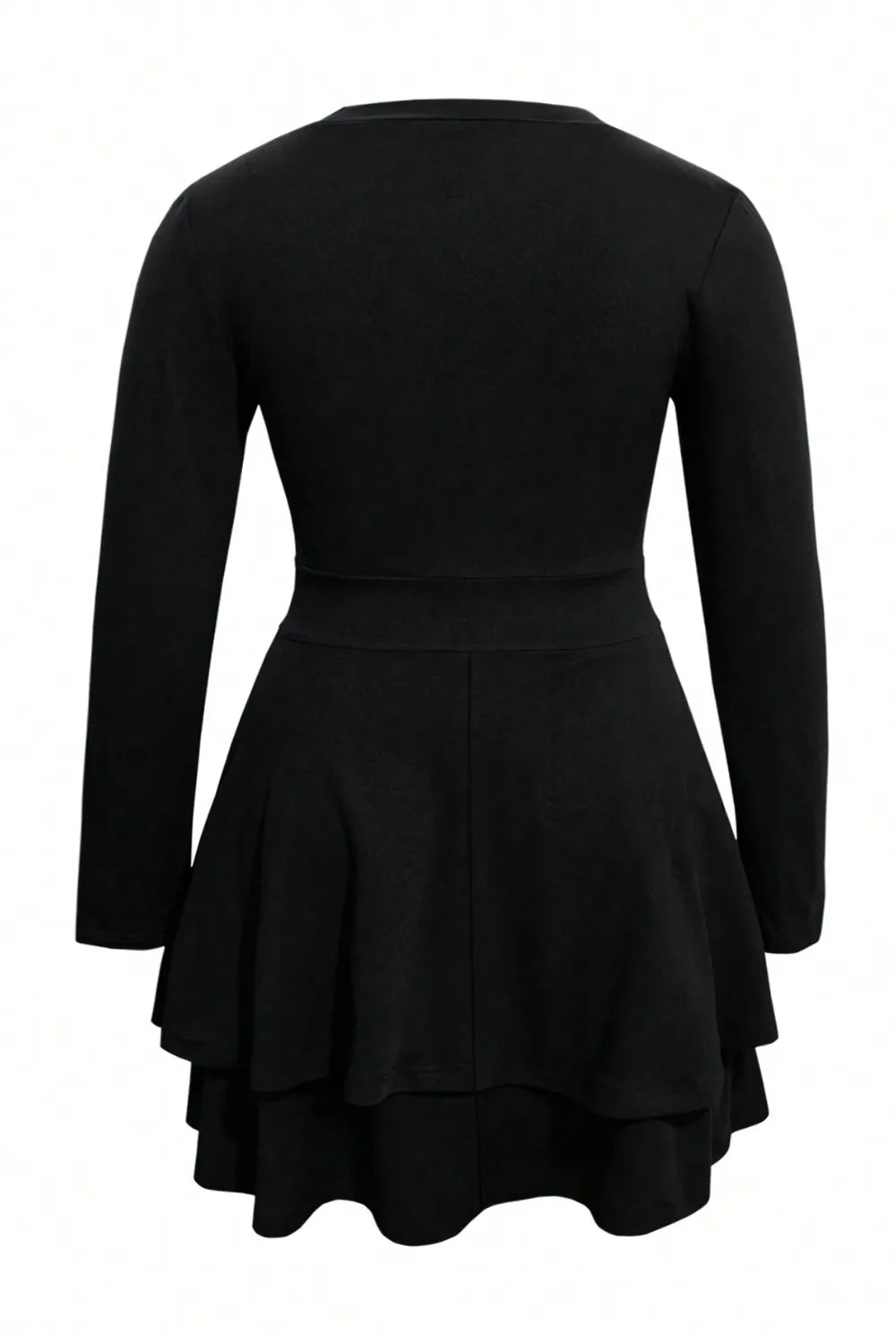 Plus size black layered long-sleeve mini dress with tiered ruffle skirt, back view, Trendsi