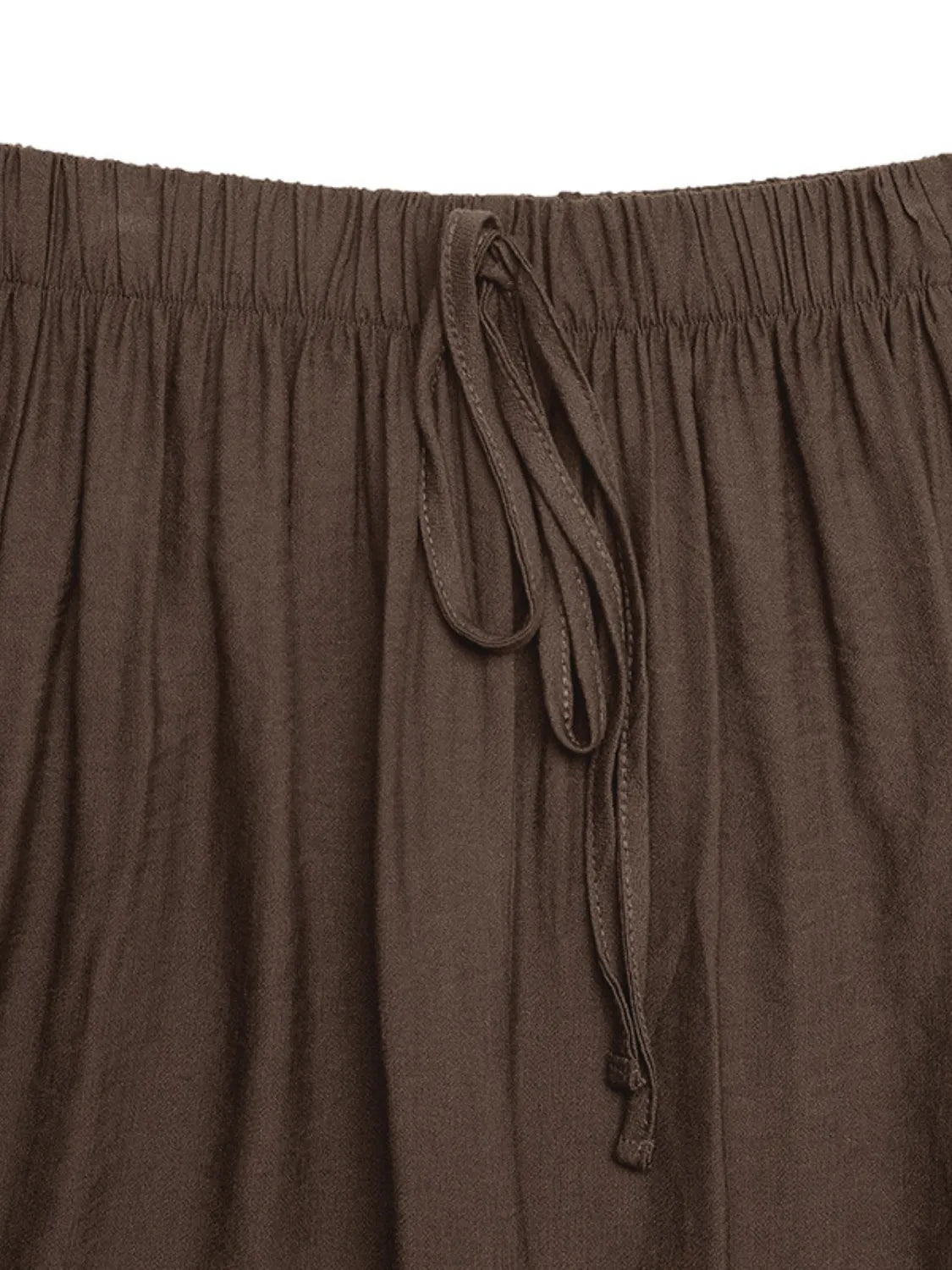 Dark brown elastic-waist drawstring pants with gathered waistband