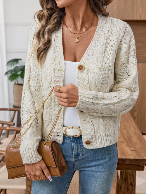 Beige cable knit button-up cardigan with V-neck and button front, long sleeves