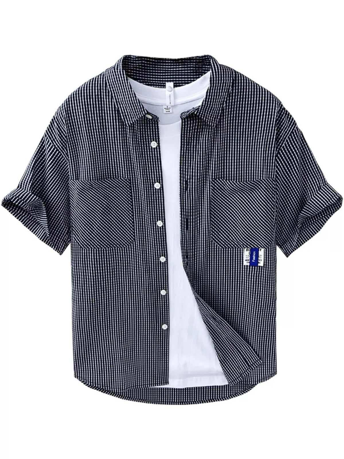 Navy and white plaid short-sleeve cotton button-up shirt with chest pockets and white placket