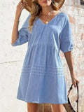 Cedar & Moore Casual V-Neck Puff Sleeve Denim Mini Dress, light blue denim