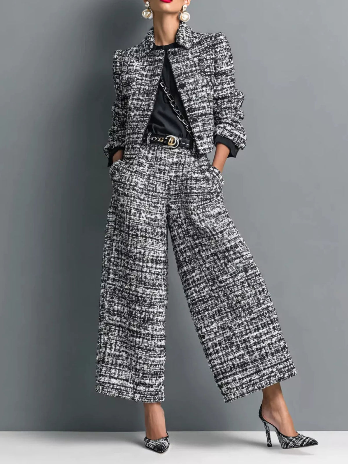 Black tweed cropped blazer and wide-leg pants set with ruffled sleeves
