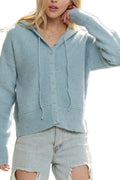 Light blue hoodie cardigan sweater with hood, button front, and ribbed cuffs