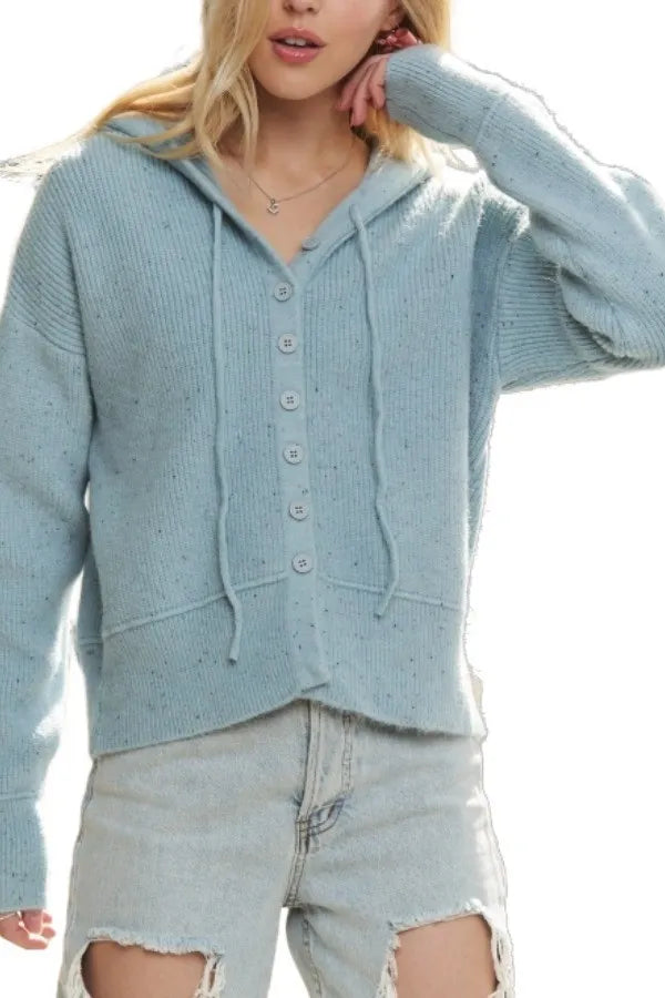 Light blue hoodie cardigan sweater with hood, button front, and ribbed cuffs